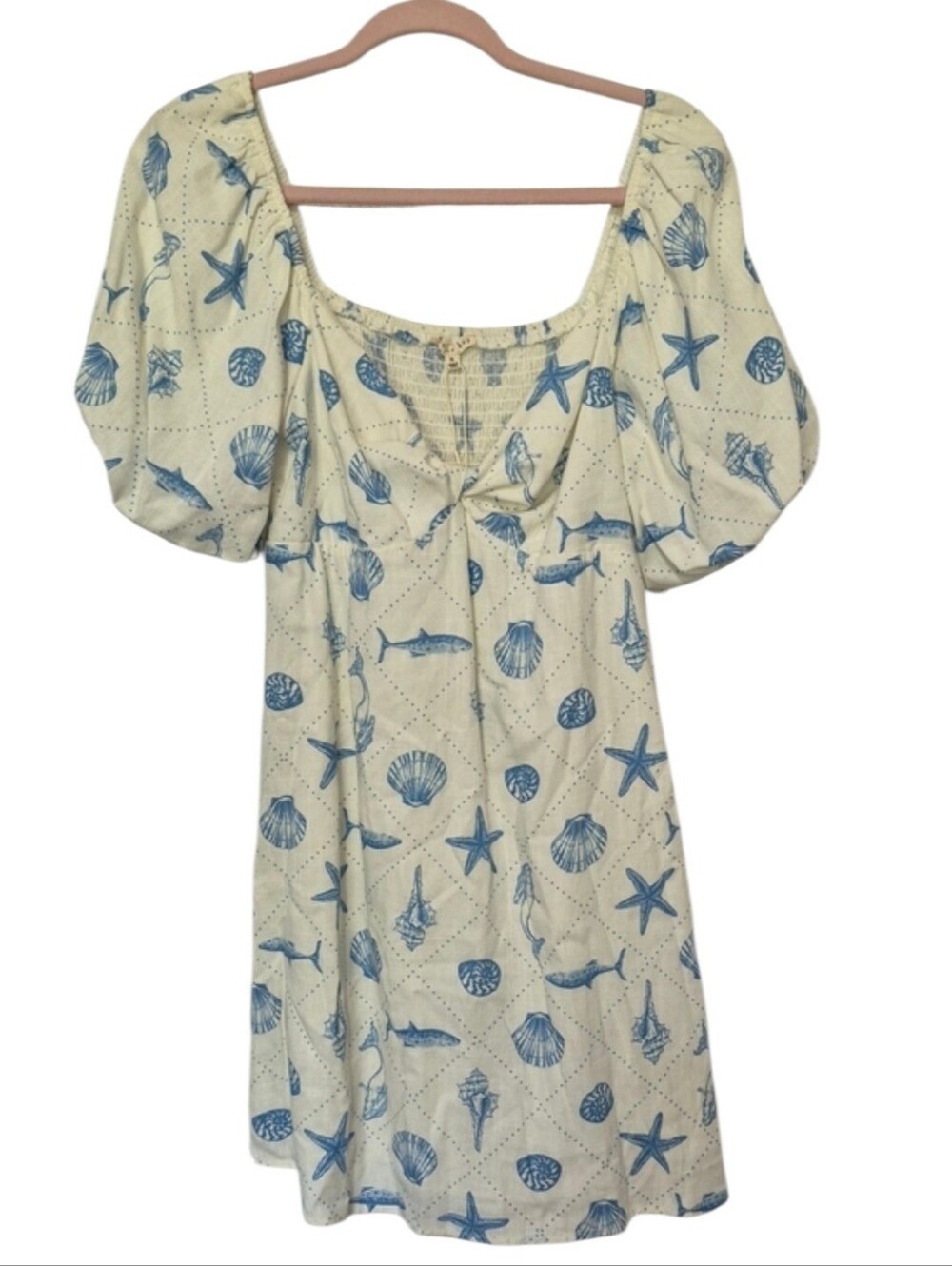 Copper Key Seashell Starfish Puff Sleeve Mini Dress Blue Ivory M NWT